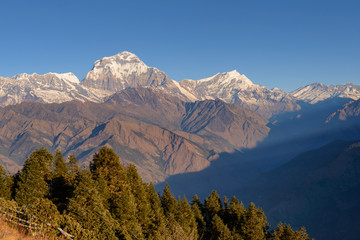 Beautifull cloudy sunrise in the mountains with snow ridge fron Himalaya view point, Pokhara Nepal