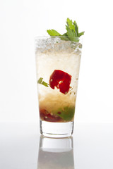 mojito cocktail in high ball glass. fresh mojito with red pepper on white background. cool cocktail mixology.