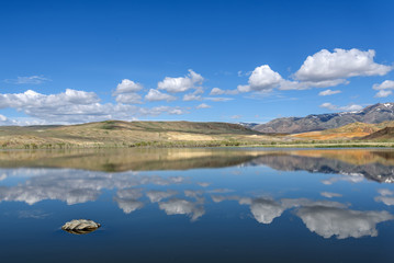 lake mountains reflection sky clouds