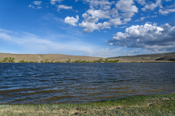 lake mountains sky clouds