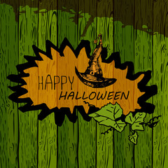 Halloween border for design. Vector design for banners, cards, greetings halloween, sketch drawings, frame, pumpkin leaves, hat. Vector illustration, wood background.