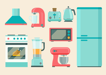Kitchen retro appliances set. Coffee machine , electric kettle,refrigerator, toaster, blender, juicer, microwave, stove. Flat icons. Vector illustration