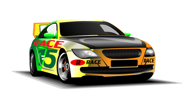 Digital vector colored sport race car, modern and realistic, front view