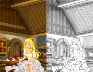 Cartoon scene in the old traditional kitchen and young woman in it - beautiful manga girl - with coloring page - illustration for children