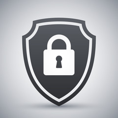 Vector Protective shield icon with the image of a padlock. Security concept simple icon on a light gray background