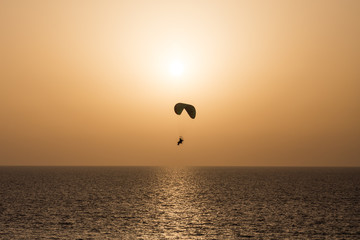 Silhouette of a Propelled Paraglider on a clear sunset sky above the sea