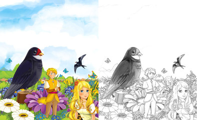 Cartoon fairy tale scene with elf royal couple on the flower and cuckoo sitting near them - with coloring page - illustration for the children