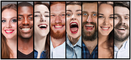 The collage of young man and woman smiling face expressions
