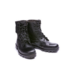 black leather boots(shoes) for military  isolated white.