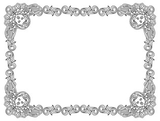 Black and white frame with outline cherub in vintage style. Vector custom element for design artworks.