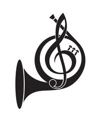 monochrome icon of  french horn and  treble clef
