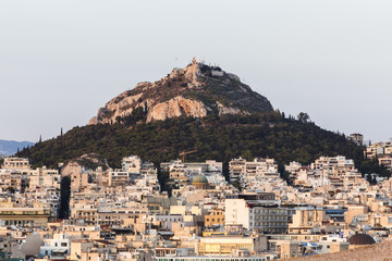 View of Athens and Mount Lycabettus at sunrise, Greece