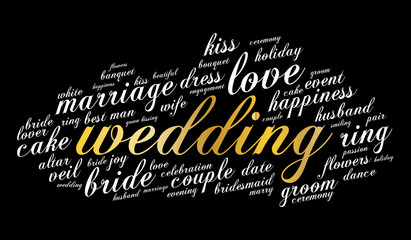 Wedding word cloud on black background. Vector illustration.