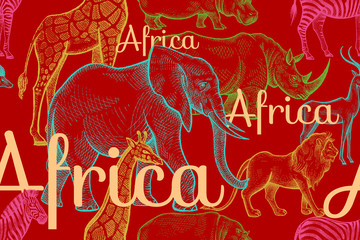 Seamless pattern with elephants, giraffes, rhinos, hippos, lions