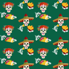 Mexican food. Smiling skulls with nachos and tacos. Seamless background pattern.