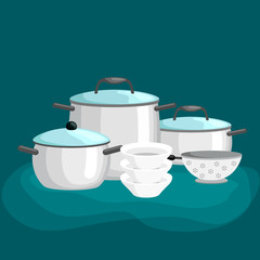 Domestic cooking tools and equipment, pans  pots realistic set with frying pan saucepan  bowl isolated vector illustration