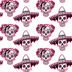 Smiling skulls with a flower decorated hairdo and sombrero. Seamless background pattern.