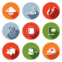 Vector Set of Cheap Labor Icons. Shoes, Electronics, Clothing industry, computer technology, smartphone, saving, tea, household appliances.