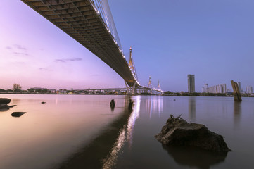 Two tone color Bhumibol Bridge in Bangkok Thailand,