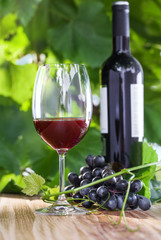Glass and a bottle of vintage red wine. Alcohol drink on a table. Outdoor shot.