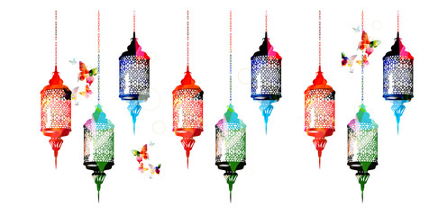 Colorful Ramadan Kareem lamps with butterflies vector illustration. Muslim celebrations, festivals and traditional events background. Festive arabic lamps design for card, invitation, brochure, banner © abstract
