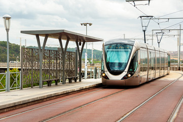 Modern looking tram in Rabat, Morocco - obrazy, fototapety, plakaty