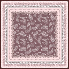 Bandana print with design for silk neck scarf. Feathers and Paisley patterns.Pink warm colors.Traditional ethnic pattern Paisley. Print in 4 colors for textiles, fabrics, home design.