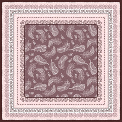 Bandana print with design for silk neck scarf. Feathers and Paisley patterns.Pink warm colors.Traditional ethnic pattern Paisley. Print in 4 colors for textiles, fabrics, home design.
