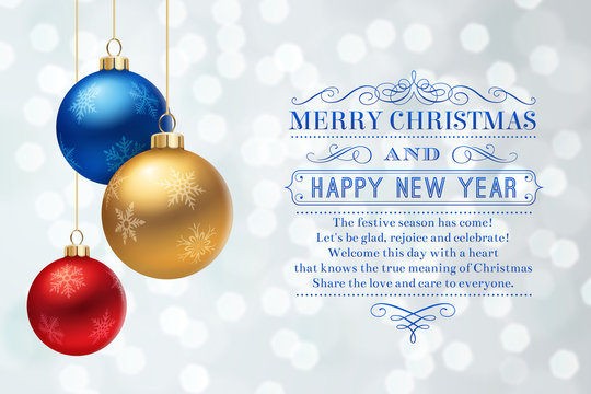 Christmas greeting card with decorative balls and text