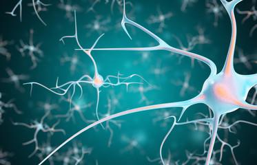 Neurons in the brain with focus effect. 3d rendering