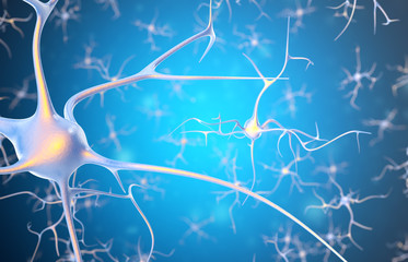 Neurons in the brain with focus effect. 3d rendering