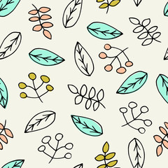 Floral seamless pattern in pastel pink, green and blue on cream background,
