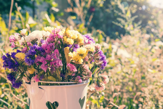Summer beautiful garden with colorful bouquet of flowers