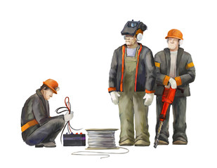Builders on the building site. Industrial illustration with workers, cranes and concrete mixer...
