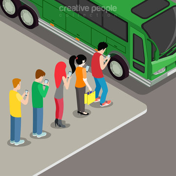 Flat Isometric Online Addiction People Bus Phone Screen Vector