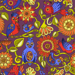 Doodle seamless background with steampunk birds and flowers. Vector ethnic pattern can be used for wallpaper, pattern fills, invitations, book cover, web pages. Hand drawn pattern.