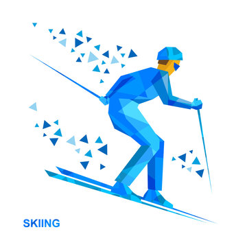 Skier with blue patterns running downhill