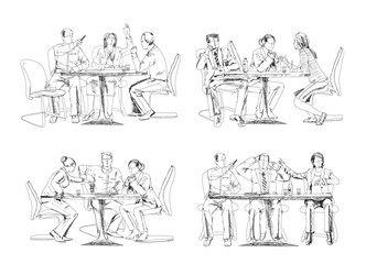 Silhouettes of successful business people working on meeting. Sketch