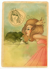 Beautiful fairytale Princess kissing a frog to find her prince