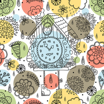 The Cuckoo Clock.Cute Line Seamless Pattern.