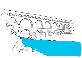 Gard Du Pont Languedoc, Nimes France, Sketch - obrazy, fototapety, plakaty