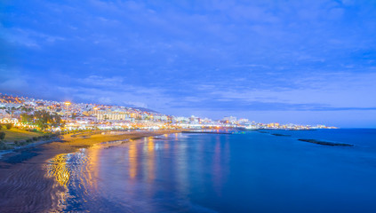 Fototapeta na wymiar Las Americas Beach at blue hour in Tenerife island – Canary, Spain