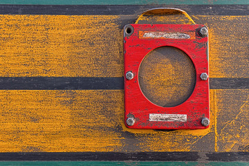 Train Detail Close Up. Old Rusty Locomotive Abstract Background. Dirty Yellow Industrial Metal Texture. 