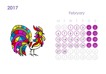 Rooster calendar 2017 for your design. February month.