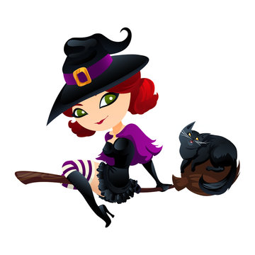 Cute witch flying on a broom with a cat.