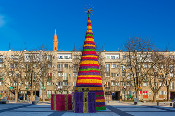 Christmas tree in the usual modern residential area in Wroclaw, Poland