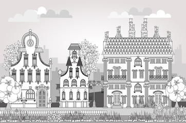 Obraz premium Doodle of beautiful city with very detailed and ornate town houses, gardens, trees and lanterns. City background