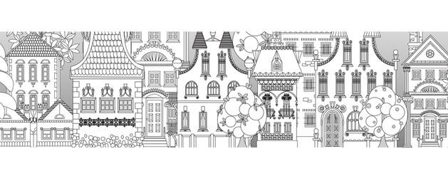 Doodle of beautiful city with very detailed and ornate town houses, gardens,  trees and lanterns. City background