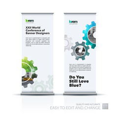 Vector set of modern roll up banner stand design with blue gear 