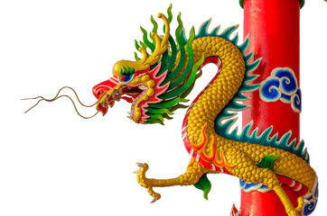 Colorful dragon statue on white background in Chinese Shrine.